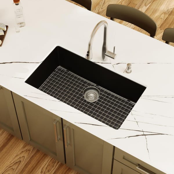 Karran 32.5 in. Large Single Bowl Undermount Kitchen Sink in Black with Bottom Grid and Strainer
