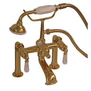 3-Handle Rim-Mounted Claw Foot Tub Faucet with Elephant Spout and Hand Shower in Polished Brass