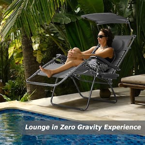Steel Dark Black Folding Outdoor Lounge Chairs Recliner with Shade Canopy and Cup Holder