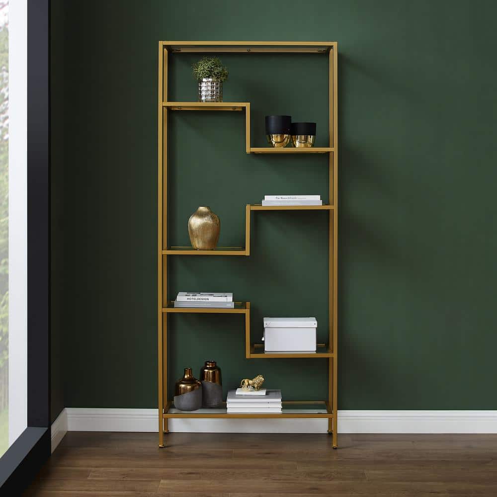 Sloane Gold Steel Geometric Etagere with Glass Shelves