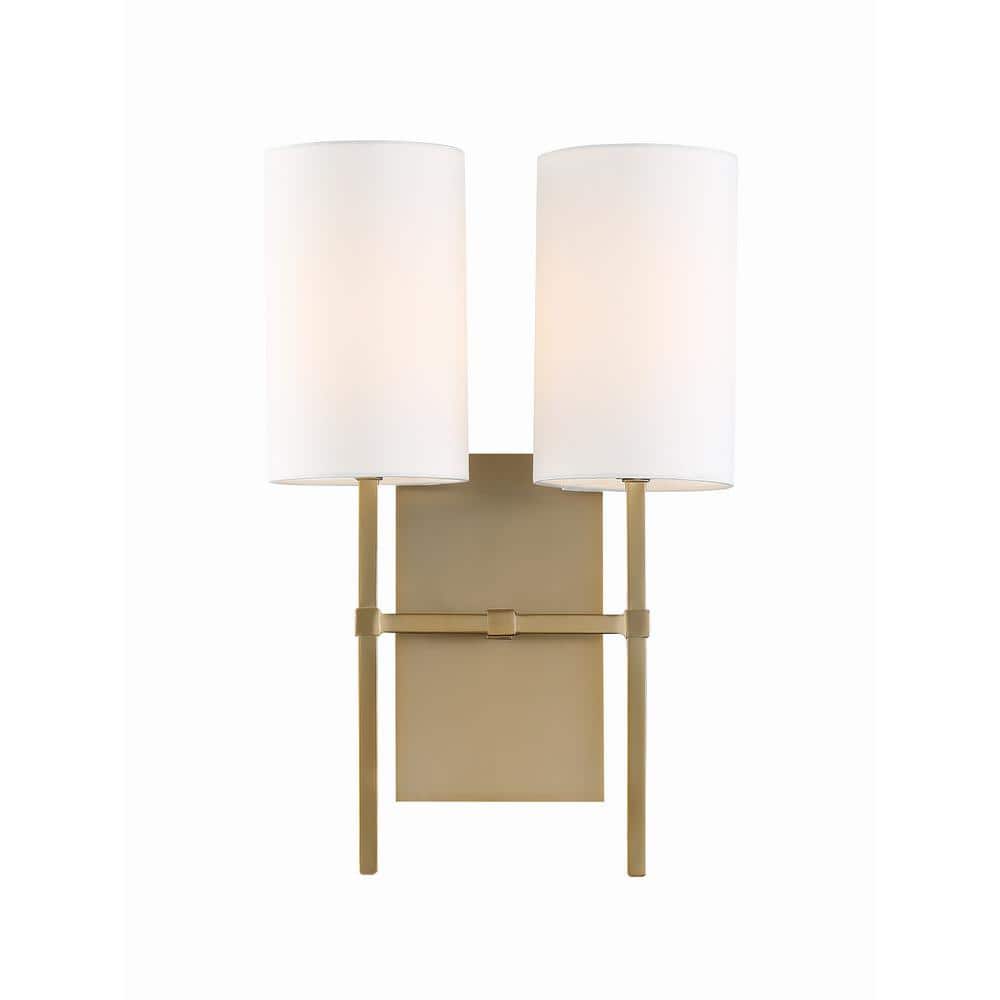 Aged Brass 2-Light Sconce with White Silk Shade