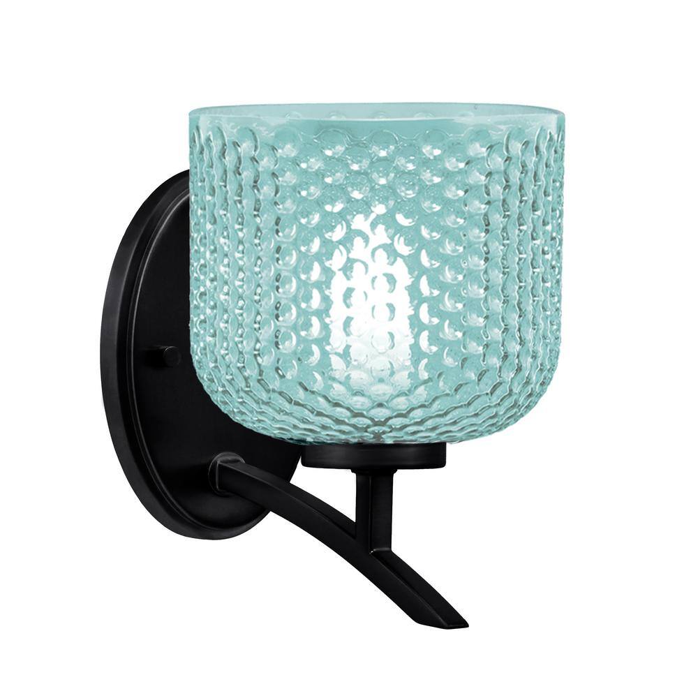 Siena 5.75 in. 1-Light Matte Black Sconce with 6 in. Turquoise Textured Gla