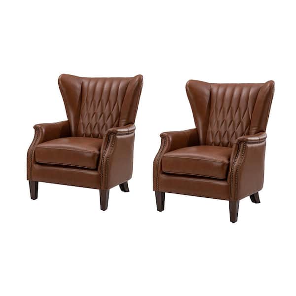 JAYDEN CREATION Valerius Brown Genuine Leather Armchair with Nailhead Trims and Solid Wood Legs (Set of 2)