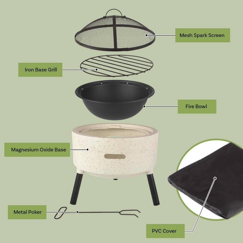 21" Round Light Gray Magnesium Oxide Fire Pit with Poker and Cover
