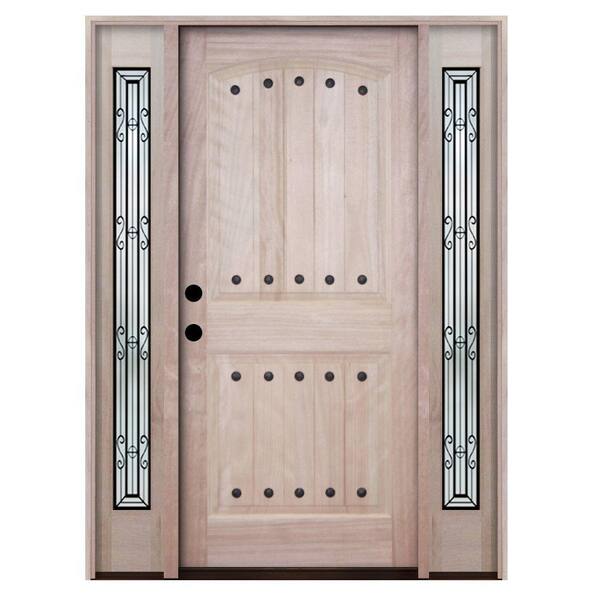 Steves & Sons 64 in. x 80 in. Rustic 2-Panel Plank Unfinished Mahogany Wood Prehung Front Door with Sidelites