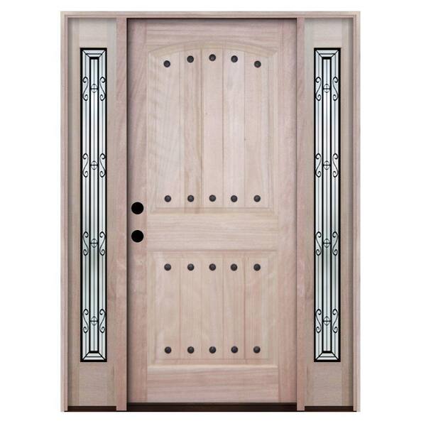 Steves & Sons 68 in. x 80 in. Rustic 2-Panel Plank Unfinished Mahogany Wood Prehung Front Door with Sidelites