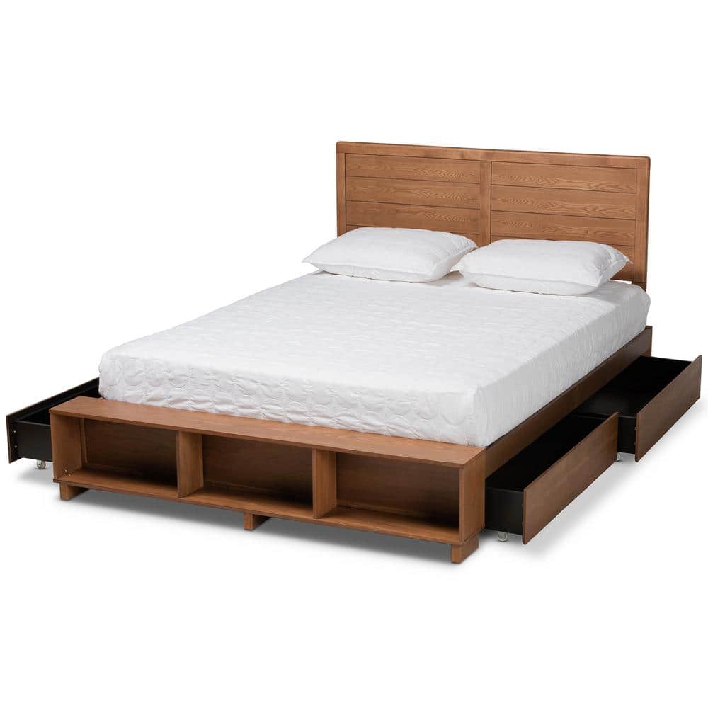 Full Size Ash Walnut Wood Storage Bed with Headboard and Drawers