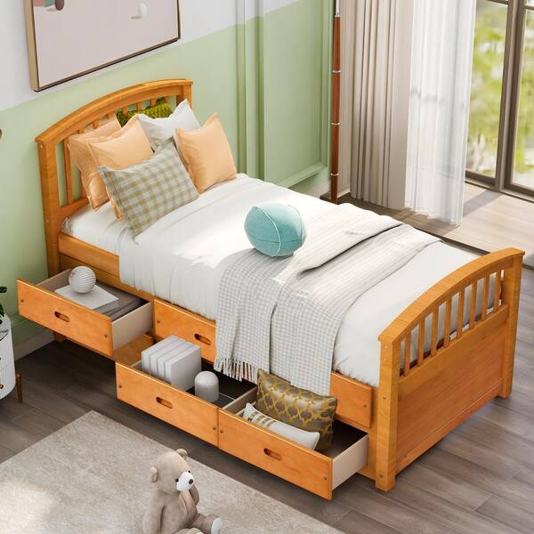 URTR 39.3 in. W Oak Twin Size Wooden Bed Frame For Teens and Adult