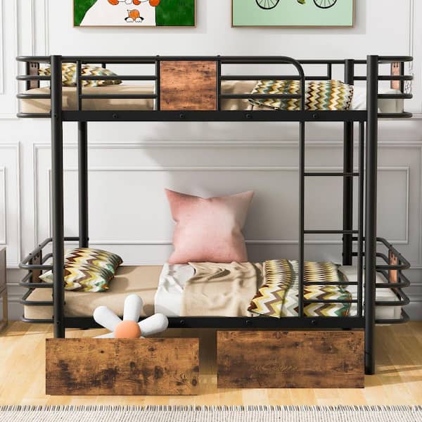 Black Twin XL Metal Bunk Bed with Board Guardrail and 2 Drawers