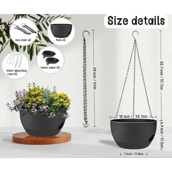 Unbranded Plastic Planter (12 in. W x 6.9 in. H) Black Hanging  Indoor/Outdoor with Chains Self Watering Hanging Pots-2 Pack Jkzzc00441