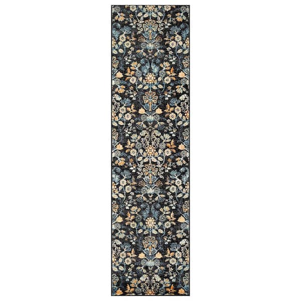 Symmetrical Floral Black 2 ft. 3 in. x 12 ft. Runner Rug
