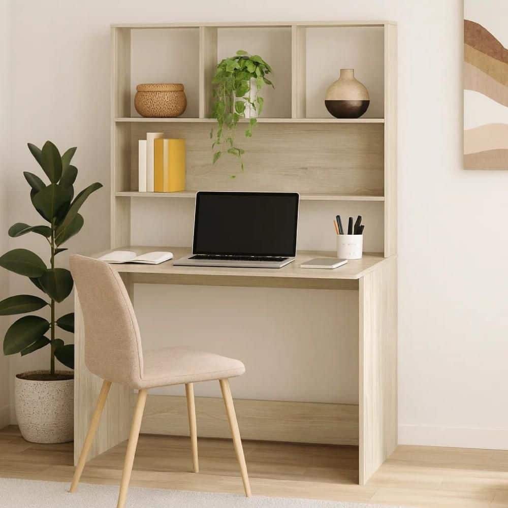 Benjara Kira 43.3 in. Rectangle Beige Engineered Wood Writing Desk with ...