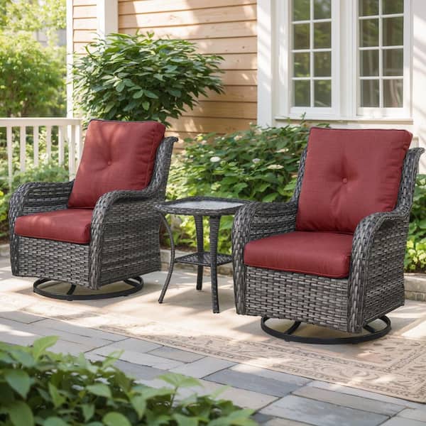 moosprr Modern Farmhouse 3-Piece Gray Wicker Patio Conversation Set with Olefin Red Cushions and Swivel Gliders/Side Tables