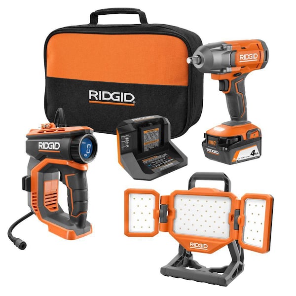 RIDGID 18V Cordless 3-Tool Combo Kit with Inflator, Impact Wrench, Hybrid Panel Light, 4.0 Ah Battery, and Charger