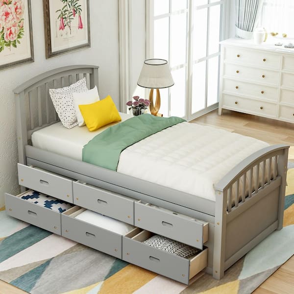Harper & Bright Designs 6-Drawers Gray Twin Size Platform Storage Solid Wood Bed