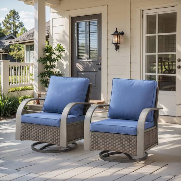 7-Piece Brown Wicker Patio Conversation Set with Blue Olefin Cushions and Swivel Glider Chairs/Ottomans/Couch