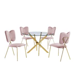 Cerise 5-Piece Tempered Glass Top and Pink Gold Table Set Seats 5