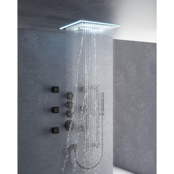 YAWWALK Thermostatic 17-Spray 16 in. Square LED Mood Lighting Bluetooth Music Shower System with Valve in Matte Black