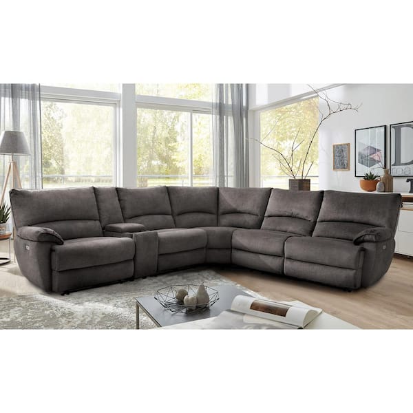 Furniture of America Sorara 121 in. Polyester L-shaped Power Sectional Sofa in Gray with Storage Console