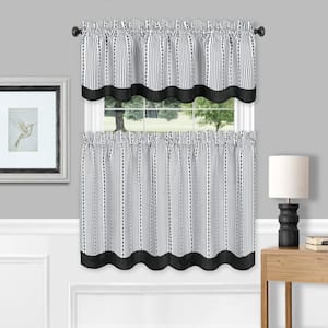 Westport Black/White Polyester Light Filtering Rod Pocket Tier and Valance Curtain Set 58 in. W x 24 in. L
