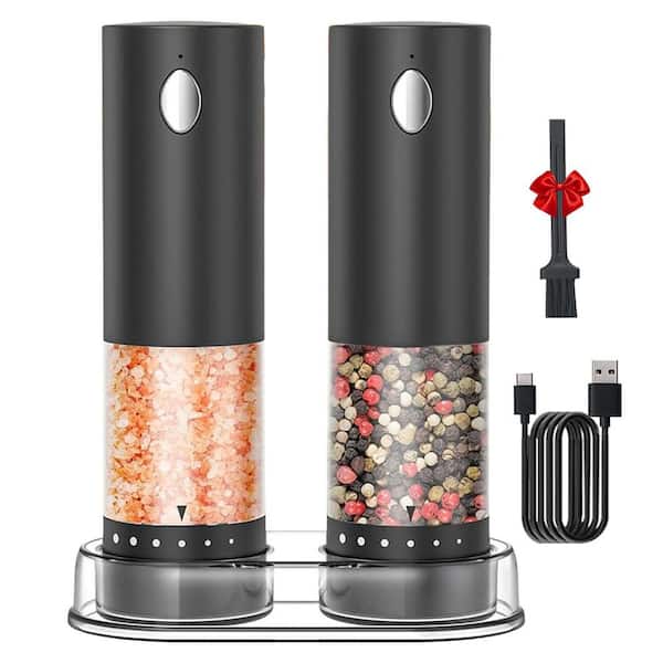 Electric Salt and Pepper Grinder Set with Adjustable Coarseness, LED Light, USB Rechargeable and Storage Base, Black