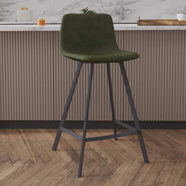 Elland 35 in. Leather Upholstery Counter Stool in Black Stainless Steel for Indoor and Outdoor in Olive Green