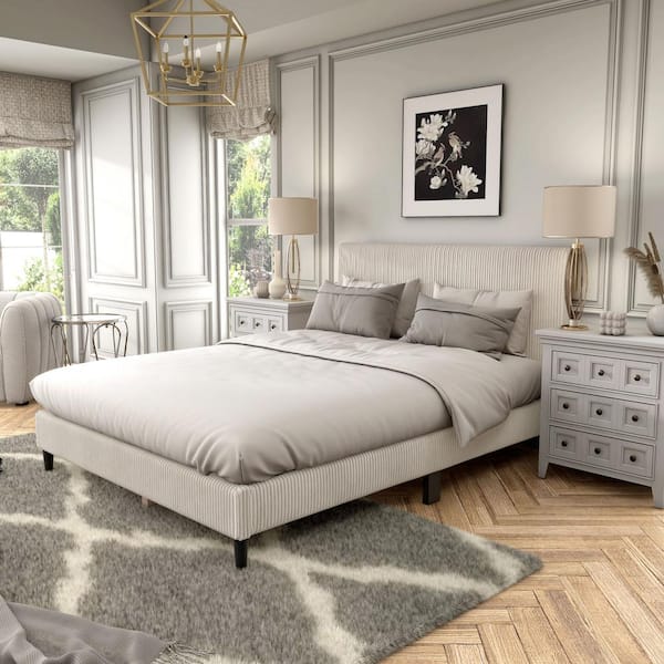 Claude Beige Wood Frame Queen Platform Bed With Removable Corduroy Cover