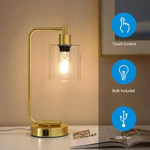 16.3 in. Gold Metal Touch Control Table Lamp with Glass Shade and USB Ports