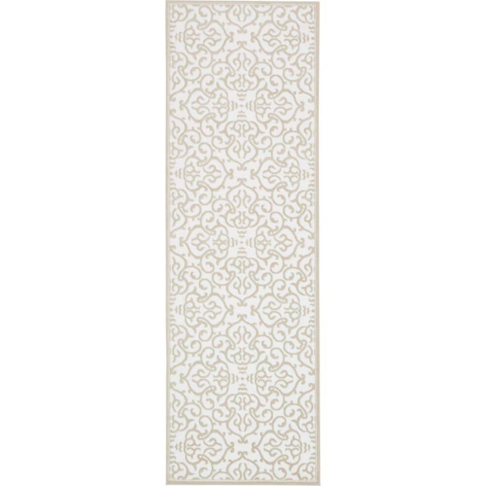 Snow White and Beige Floral Synthetic Runner Rug