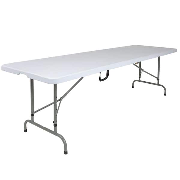 White Kathryn 8 ft. Rectangular Plastic Folding Event Table with Carrying Handle, Adjustable Bi-Fold Banquet Table