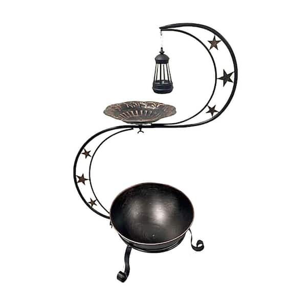 Vintage Metal Bird Bath 29 in. 9 in. Black Decorative Solar Fountain with Planter and Light for Garden Yard Lawn Decor