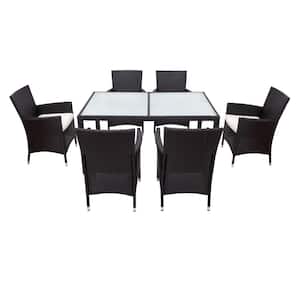 Black 7-Piece Rectangle Plastic Wicker Outdoor Dining Set Patio Rattan Furniture Set with Beige Cushion