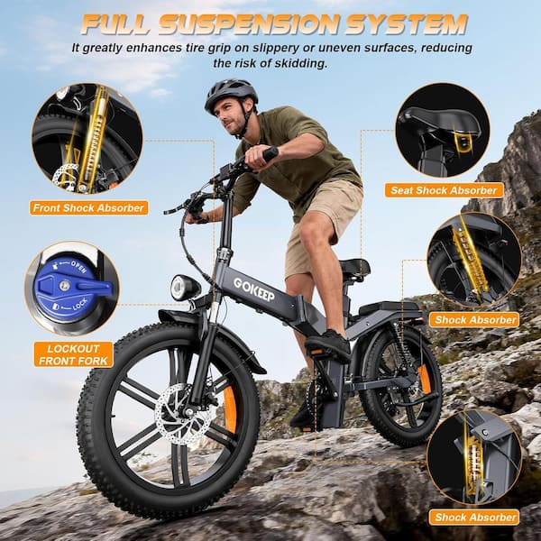 20 in. Aluminum Fat Tire Electric Bike in Gray, Full Suspension