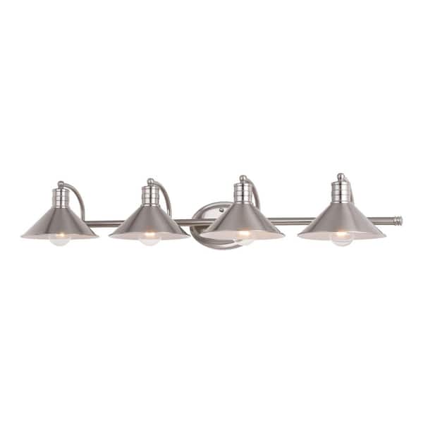 Akron 38 in. W 4-Light Satin Nickel and Matte White Vanity Light Fixture Farmhouse Metal Shade Bathroom Wall Lighting