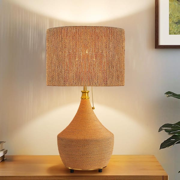 24 in. Boho Brown Plug-in and Flexible Table Lamp with Metal Pull-Chain Rattan Base and Shade for Bedroom, Living Room