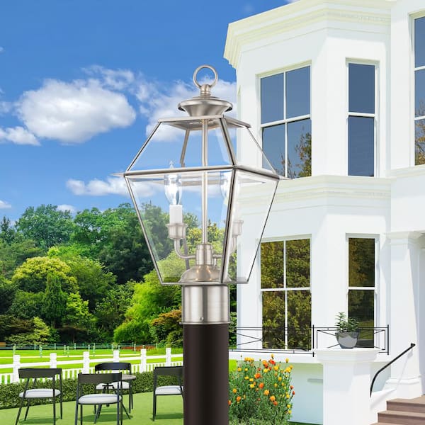 Ainsworth 16.5 in. 2-Light Brushed Nickel Cast Brass Hardwired Outdoor Rust Resistant Post Light with No Bulbs Included