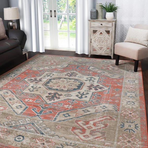 Modern Warm Red Terracotta Aztec Area Rugs Orange Medallion Geometric Hearth Rug 