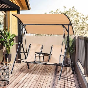 Beige 2-Seat Outdoor Metal Patio Swing with Pivot Storage Table, Cup Holder, Adjustable Shade