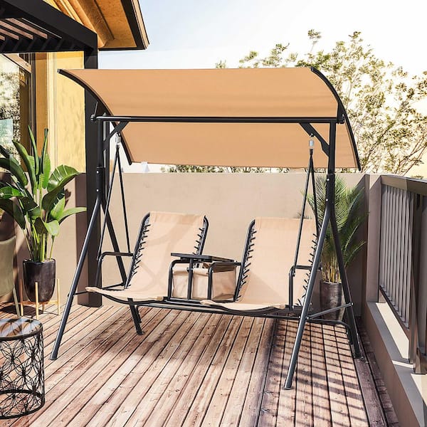 Beige 2-Seat Outdoor Metal Patio Swing with Pivot Storage Table, Cup Holder, Adjustable Shade