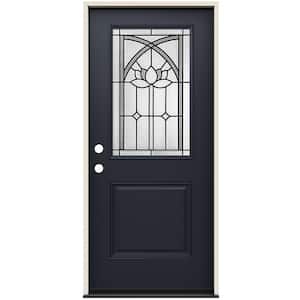 36 in. x 80 in. Right-Hand/Inswing 1/2 Lite Ardsley Decorative Glass Black Fiberglass Prehung Front Door
