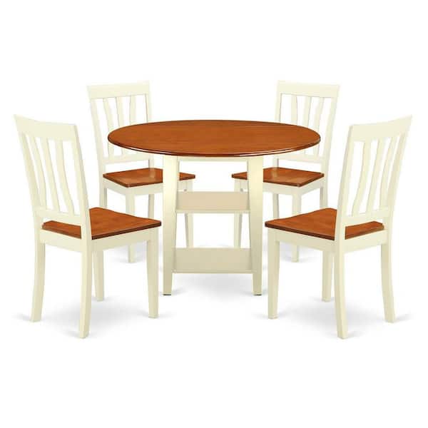 East West Furniture 5-Piece Buttermilk and Cherry Solid Wood Top - Round Dining Room Set - Seats-4