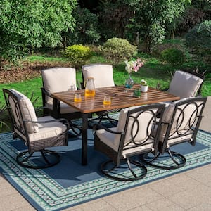 7-Piece Metal Outdoor Patio Dining Set with Brown Rectangular Slat Table-Top and Rattan Swive Chairs with Beige Cushions