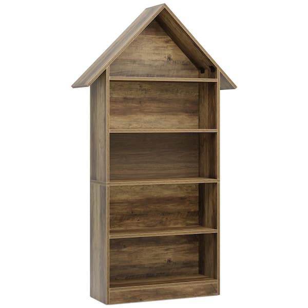 BYBLIGHT Eulas 74.8 in. Tall Walnut Wood 5-Shelf Open Display Bookcase, Tall Storage Cabinet with Triangle Top for Living Room