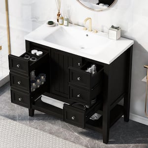 36 in. W x 18 in. D x 34.1 in. H Freestanding Bath Vanity in Black with White Ceramic Top Single Basin Sink & Storage