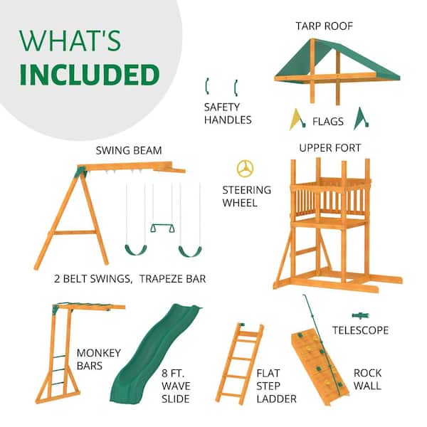 Assembly Included Outing III - Outdoor Wooden Playground with Swing Set, Slide, and Vinyl Roof
