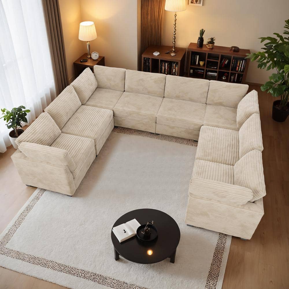 130 in. Square Arm Modern 8-Piece Plush Corduroy U-Shape Free Combination Modular Corner Sectional Sofa in Beige