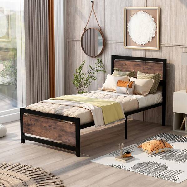 Vintage Style TWIN Size Kid Metal Platform Bed Frame with Wooden Headboard 