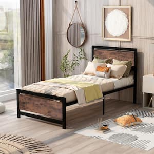 Metal and Wood Twin Black Platform Bed with Headboard and Footboard 39 in. W x 39.5 in. H