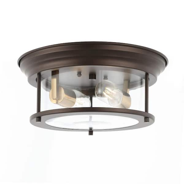 Lauren 13.25 in. 2-Light Metal/Glass LED Flush Mount, Oil Rubbed Bronze/Brass Gold