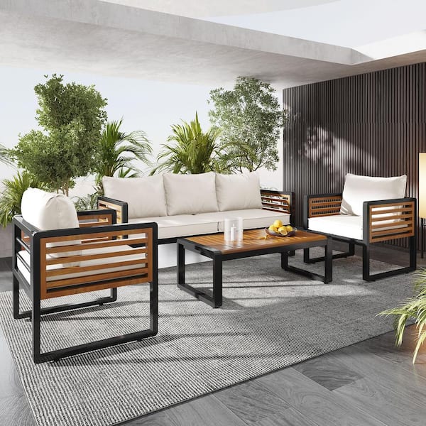 4-Piece Metal Patio Conversation Set with Removable Beige Cushions for Gardern